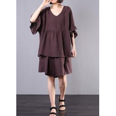 chocolate cotton linen v neck ruffles tops and women casual shorts two pieces