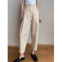 Women Solid Color Pleated Cotton Casual Cropped Pants With Pocket