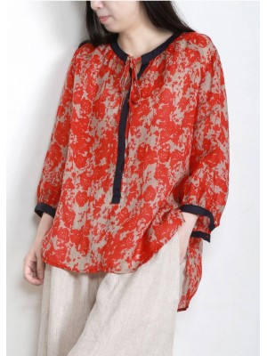 Handmade Red Print Side Open Top Linen