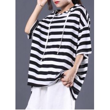 Italian hooded cotton top silhouette Outfits black white striped shirt summer