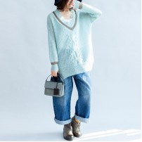 new light green warm woolen sweater oversized casual v neck knit tops