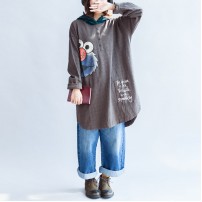 stylish big bird prints gray casual knit cotton tops plus size grid hooded t shirt